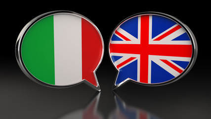 Italy and United Kingdom flags with Speech Bubbles. 3D illustration