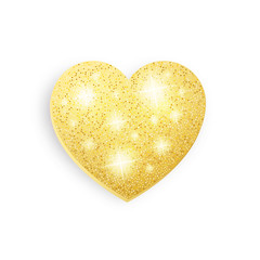 Gold glitter heart. Shiny decoration for Valentine’s Day. Gold heart isolated on white background