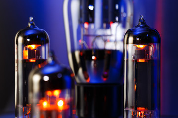 Electronic vacuum tubes close-up. Old electronic radio components. 