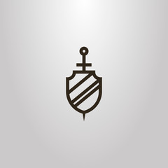 black and white simple vector line art sign of medieval sword behind shield