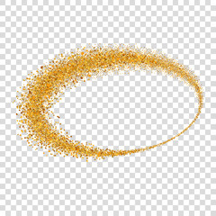 Gold circle. Light glitter effect. Golden ring, isolated white transparent background. Ellipse magic element. Foil texture. Christmas decoration, round frame, New Year design. Vector illustration