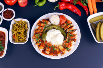 Turkish Beyti Kebap or kebab with grilled vegetables. Top view