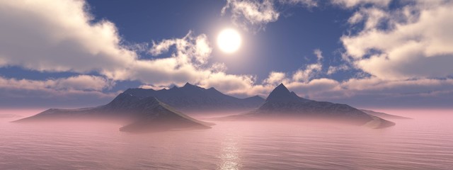Fototapeta premium Wyspa wulkaniczna o wschodzie słońca, wyspa na oceanie o zachodzie słońca, piękna panorama morskiego zachodu słońca nad górską wyspą,