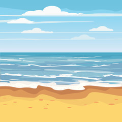 Seascape Tropical Beach Travel Holiday Vacation Leisure Nature Concept, ocean, sea, shore, vector illustration. Beautiful view seascape and sky background. Travel concept.