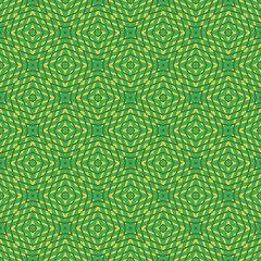 Seamless square pattern from geometrical abstract ornaments multicolored in green and yellow shades. Vector illustration. Suitable for fabric, wallpaper and wrapping paper