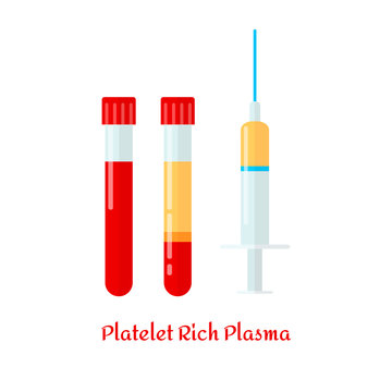 PRP - Several test tubes and syringe with blood and plasma for dentistry, mesotherapy. Vector illustration in flat style.
