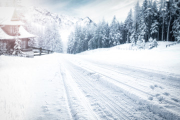 Winter road to the snow mountains   
