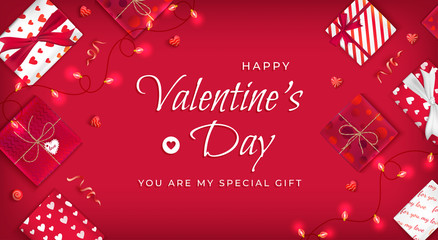 Fototapeta premium Happy Valentine's Day Flyer, Horizontal Web Banner Background with candies, garlands, serpentine, gift boxes in red and white wrapping paper with hearts. On red background. Vector Illustration