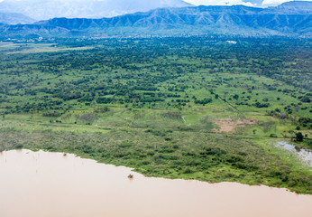 Aerial view of the shore of Abaya Lake and plantations near Arba Minch, Ethiopia.