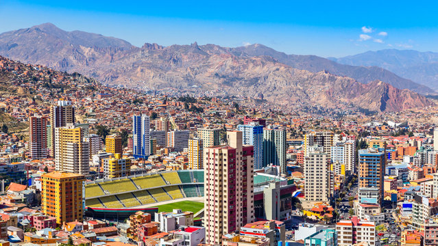 Nuestra Senora de La Paz colorful city town center with skyscrap
