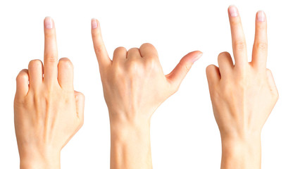 Female hands showing three diferent gestures. Isolated