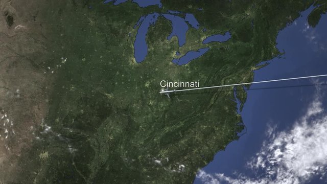 Commercial plane arrives to Cincinnati, United States, 3D animation