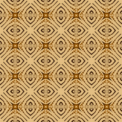 Seamless square pattern from yellow geometrical abstract ornaments on a dark brown background. Vector illustration. Suitable for fabric, wallpaper and wrapping paper