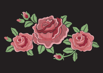 Vector illustration of very beautiful amazing fashion embroidered roses in powder pink tones isolated on black background, can be used as print for t shirt, decor for clothes, poster, card
