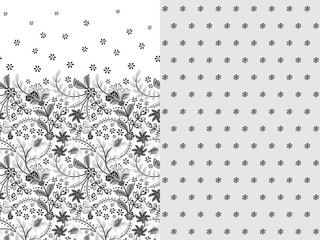 Set of two horizontal seamless floral pattern with paisley and fantasy flowers border. Hand drawn texture for clothes, bedclothes, fabric of the dress etc. Gray