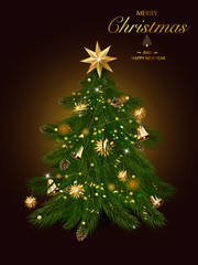 Christmas tree with xmas decorations - ornaments, stars, garlands, snowflakes, lamps.