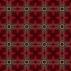Seamless square pattern from geometrical abstract ornaments multicolored in red and beige shades on a dark brown background. Vector illustration. Suitable for fabric, wallpaper and wrapping paper