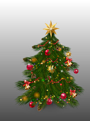 Christmas tree with xmas decorations - ornaments, stars, garlands, snowflakes, lamps.