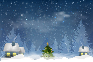 Fototapeta premium Winter blue sky with falling snow, snowflakes with a winter landscape with moon