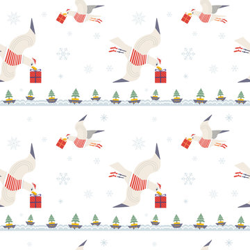Christmas quirky seagulls with gifts seamless pattern. Cute hand drawn sea gull vector cartoon. Playful birds deliver x-mas presents. Holiday backdrop. Wallpaper, textile, web project design element