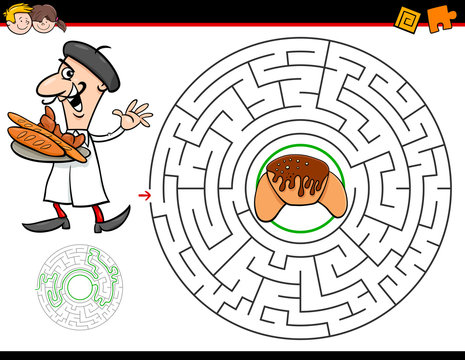 cartoon maze game with baker and croissant