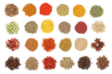 mix of spices isolated on a white background. Top view. Flat lay. Set or collection