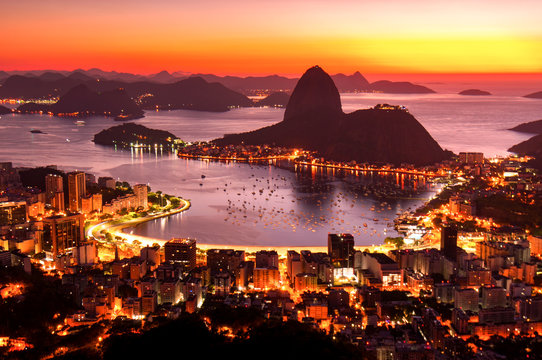 Rio de Janeiro just before Sunrise, City Lights, and Sugarloaf Mountain