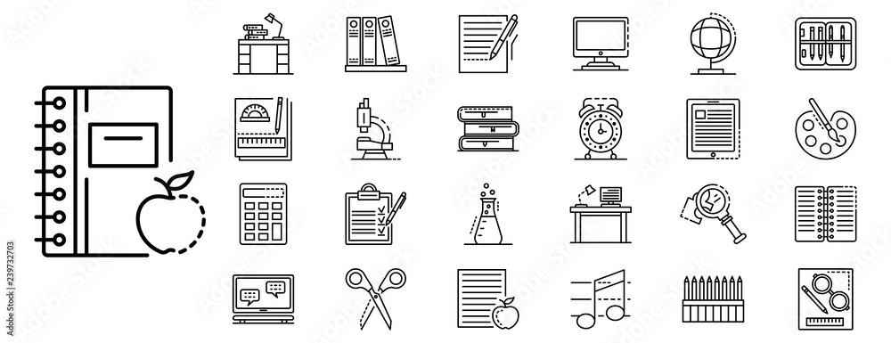 Poster homework icon set. outline set of homework vector icons for web design isolated on white background