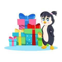 Cute Penguin Girl with a Bunch of Gifts