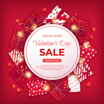 Valentine's Day Sale flyer template. Poster, card, label, background, banner on circle frame with gifts boxes, garland, heart shaped lollipops. Special seasonal offer Vector illustration in red color