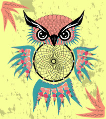 Hand drawn dreamcatcher with an owl, feathers and all seeing eyes. Indian talisman in boho style. American ethnic symbol. Shamanism, religion, occultism.