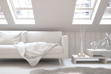 White room with sofa. Scandinavian interior design. 3D illustration