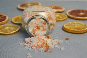 sea salt for bath, bath bomb and body oil with cinnamon, orange and spices