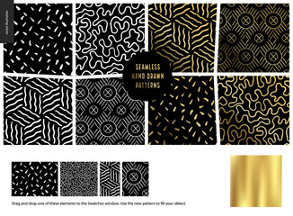 Hand drawn Patterns - a group set of eight abstract seamless patterns - black, gold and white. Geometrical lines and shapes. - black