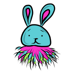 Cute blue with colors bunny or hare, digital painting animals isolated on white