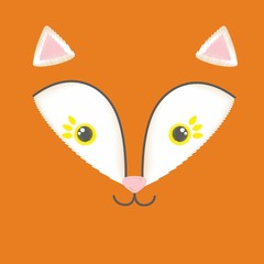 Vector illustration of embroidery of red toy fox. Baby kawaii anime smiling fox's face isolated on an empty background. Sketch, hand drawn imitation. Can be used as card, poster, print for t-shirt