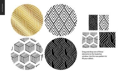 Hand drawn Patterns - a group set of four abstract seamless patterns - black, gold and white. Circle rounded pieces with geometrical lines, dots and shapes - pieces