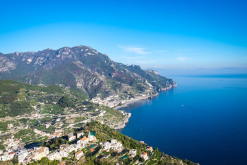 Fototapeta na wymiar Amalfi Coast with Gulf of Salerno on a sunny day with blue sky in summer, Italy