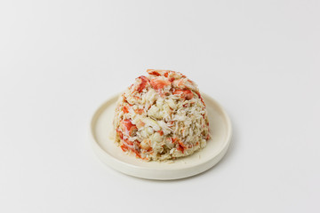 Crab meat on white plate isolated on white background
