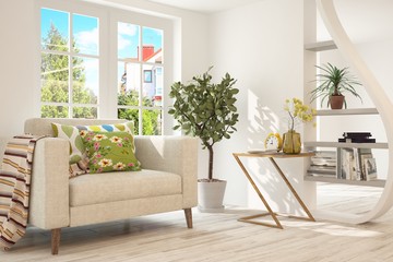 Idea of white room with armchair and summer landscape in window. Scandinavian interior design. 3D illustration
