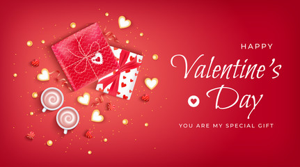 Happy Valentine's Day Flyer, Horizontal Web Banner Background with lollipops, gift boxes, heart shaped cookies, coffee cups, serpentine, confetti. On red background. red background Vector Illustration