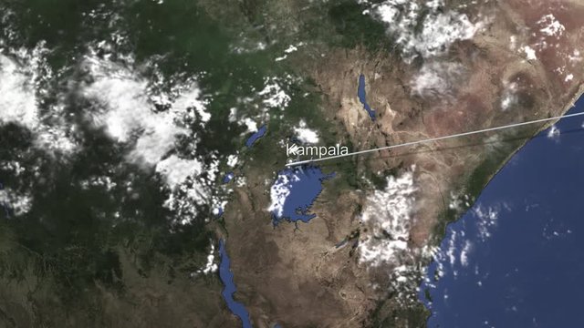 Route of a commercial plane flying to Kampala, Uganda on the map, 3D animation 