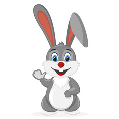 The grey hare smiles and waves his paw on a white.