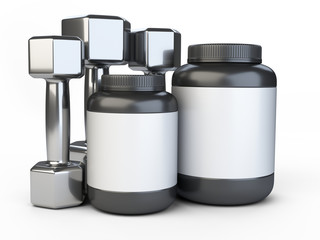 Steel dumbbells with Sports nutrition jar.