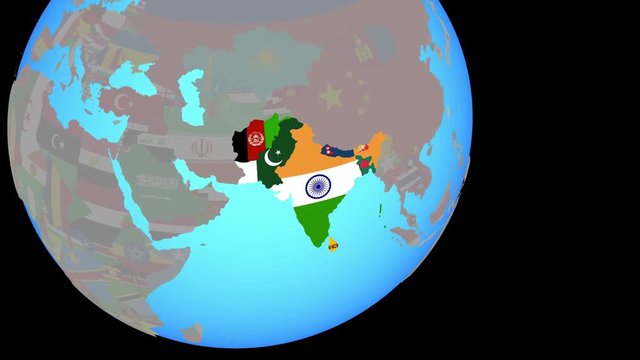 Zoom to SAARC memeber states with embedded national flags on blue political globe. 3D illustration.