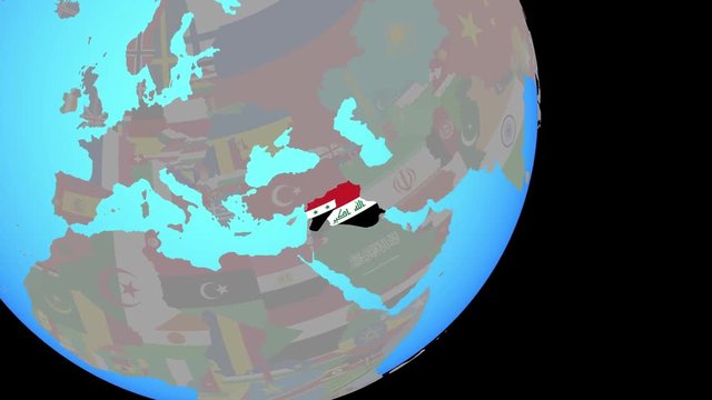 Zoom to Islamic State with embedded national flags on blue political globe. 3D illustration.