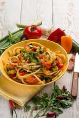 spaghetti with vegetables and bacon