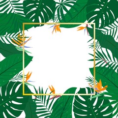 Fototapeta na wymiar Tropical square frame with exotic green leaves and flower of Strelitzia. Summer template with gold frame for advertising, design, party, poster, print, web. Vector plant card.