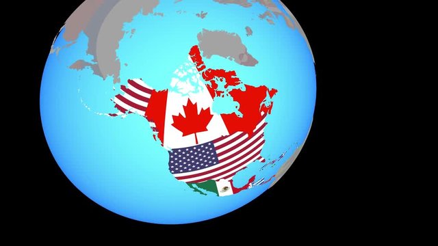 Zoom to North America with embedded national flags on blue political globe. 3D illustration.