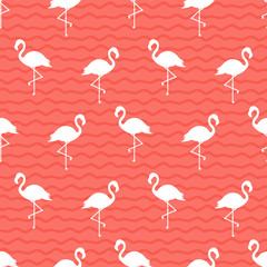 Vector seamless pattern with flamingo silhouettes on coral pink wavy background.